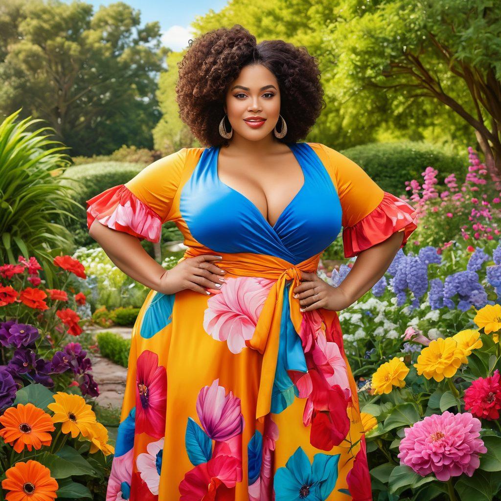 A celebration of full-figured femininity, featuring diverse women of various ethnicities embracing their curves with confidence. The background is a lush, vibrant garden symbolizing growth and beauty, adorned with vivid flowers and soft sunlight. The women wear stylish, bold outfits that highlight their personalities and body shapes. Incorporate elements of joy and empowerment in their expressions and poses. painting. vibrant colors. natural setting.