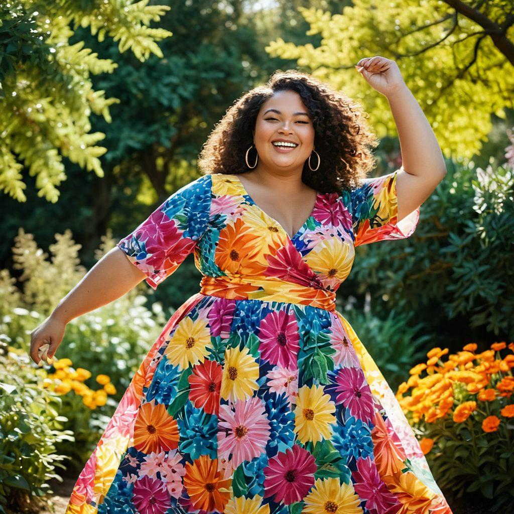 A confident plus-size woman joyfully dancing in a lush, colorful garden, surrounded by vibrant flowers that symbolize self-love and empowerment. The image captures her radiant smile and carefree spirit, showcasing curves in a stylish, flowing dress that accentuates her shape. Sunlight filters through the trees, creating a warm and inviting atmosphere. Emphasize the beauty of diversity in body shapes and sizes. super-realistic. vibrant colors. natural lighting.