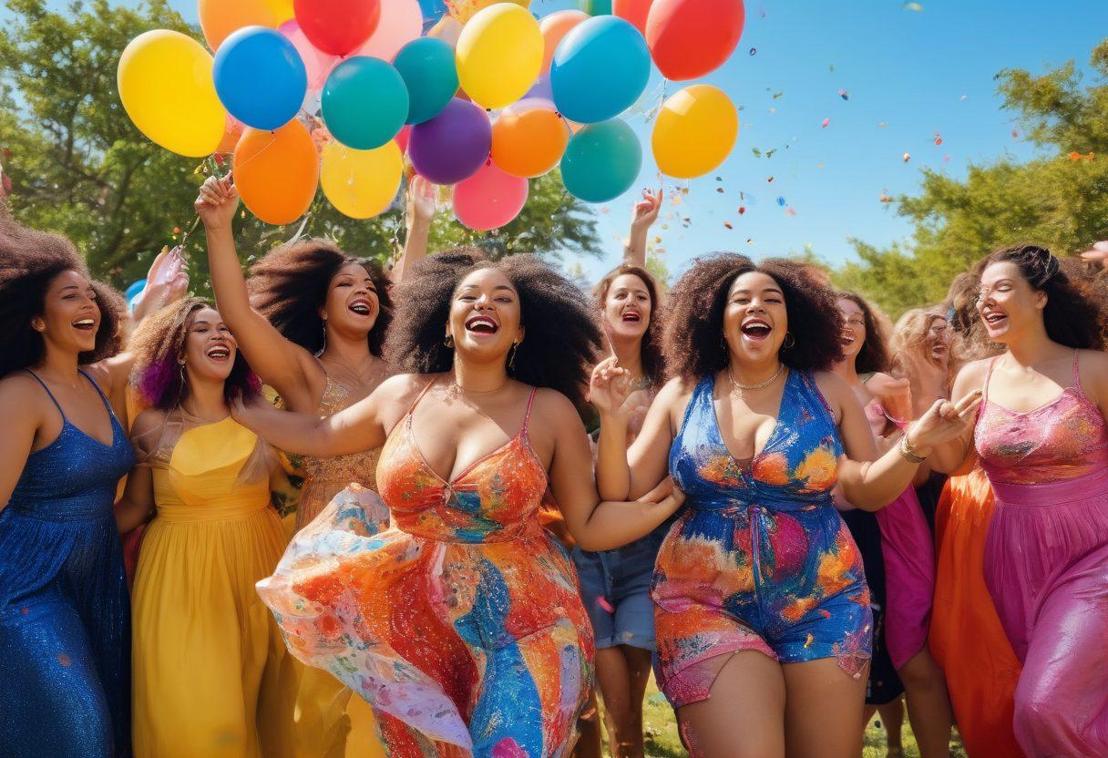 A whimsical scene featuring a diverse group of happy, voluptuous individuals celebrating joyfully in a vibrant outdoor setting. They are adorned in colorful, flowing attire, surrounded by balloons and confetti, as they dance and laugh together, promoting body positivity and self-love. The background features a bright blue sky and lush greenery, enhancing the festive vibe. colorful painting. vibrant colors. playful style.